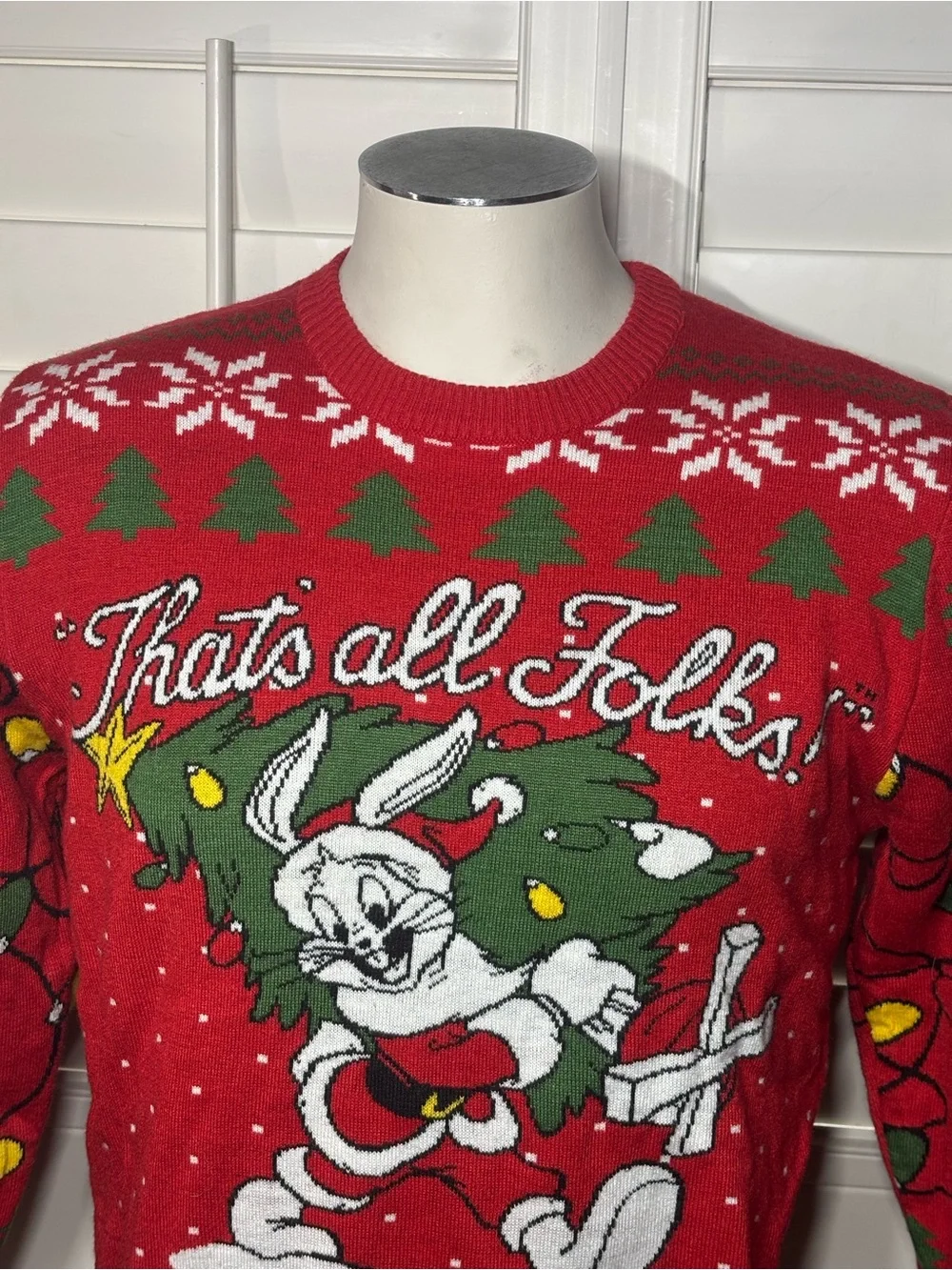 Warner Bros. Red Holiday Crewneck Sweater with Bugs Bunny Men’s M